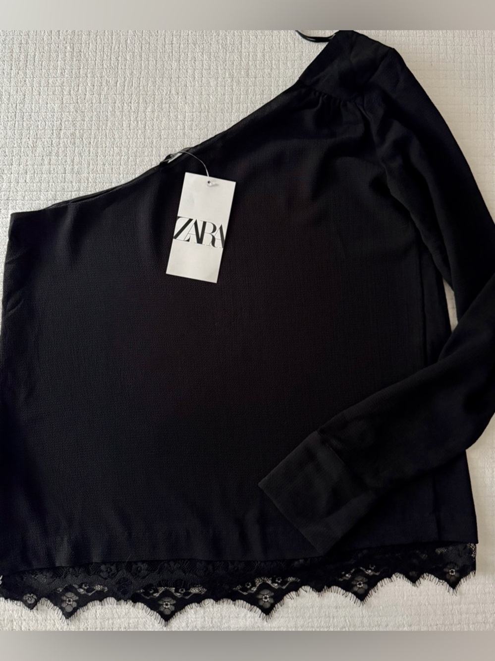 Zara One Shoulder Blouse Womens Small Black Lace Trim NWT Long Sleeve Dressy Top